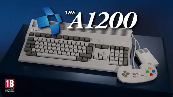 A sleek, modern recreation of the classic Commodore A1200 computer sitting on a desk.