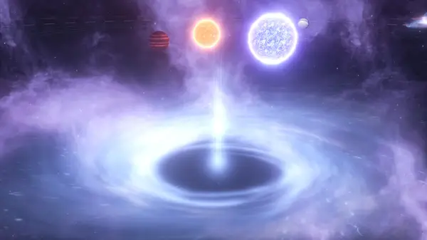 A fleet of ships moves through a colorful nebula in the grand strategy game Stellaris.
