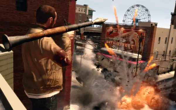 Niko Bellic fighting off a horde of undead zombies in the streets of Liberty City using a modded weapon.