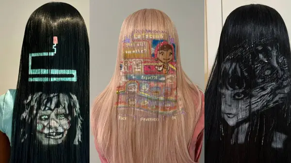 A detailed view of a wig painted with a colorful video game scene, showing the precision of Hamdi Osman's work.