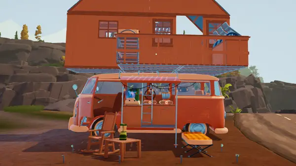 A player character interacting with a signal tower in the open world of Outbound to download new blueprints.