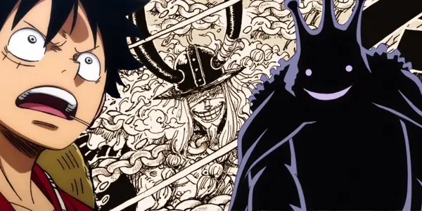 Luffy standing in awe before the massive, mysterious silhouette of Prince Loki on the island of Elbaph.